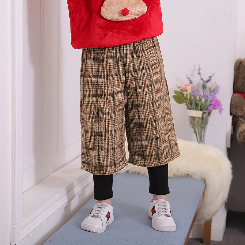 

2017 Autumn And Winter Girls plus Velvet Length Pants Fake Two-Piece Lattice Loose Pants Children Woolen Cloth Casual Pants