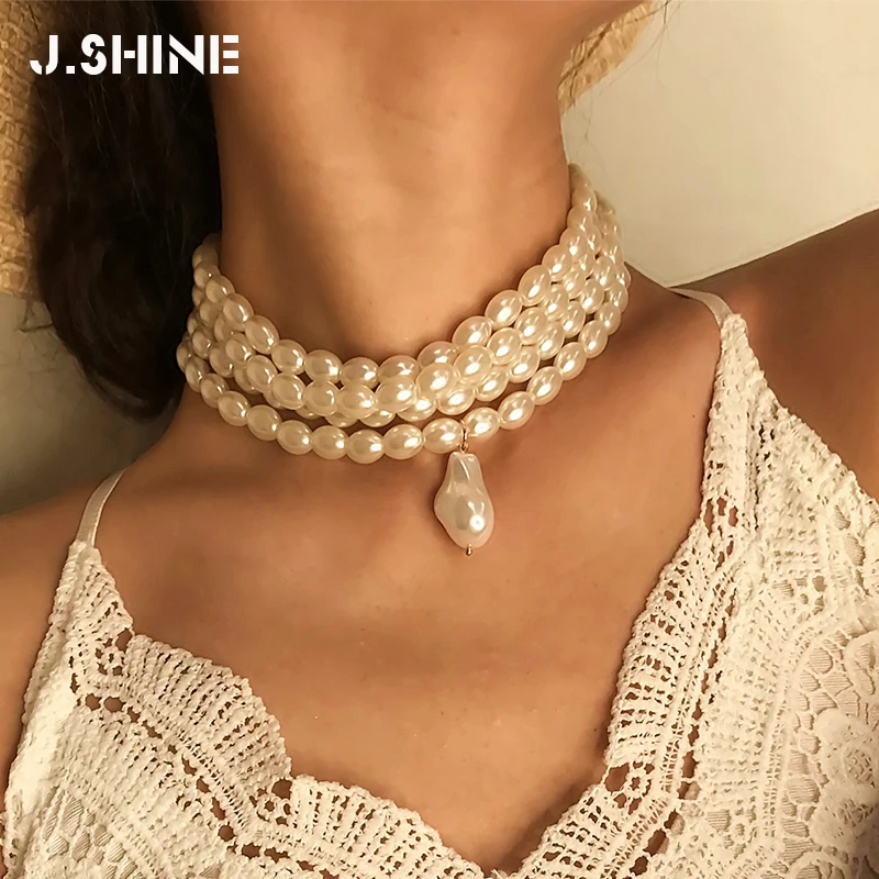 

JShine Multi Layered Two-type Simulated Pearls Choker Necklace Collar Statement Baroque Pearl Pendant Necklaces Women Jewelry