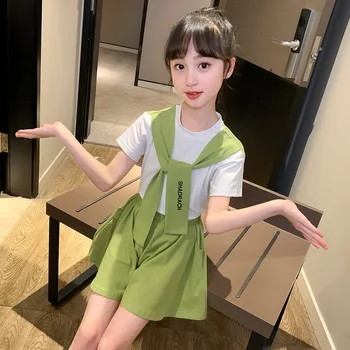 

Girls xia kuan Scarf Collar Suit 2020 New zhong da tong Western Style Shawl Short-Sleeved T-shirt + Skirt Piece Tide