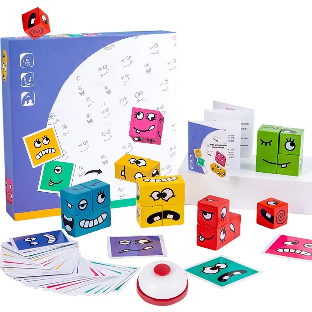 

Wooden Expressions Toy Wooden Magic Cube Face Pattern Building Blocks Educational Montessori Toys For Kids Fun 64 Cards