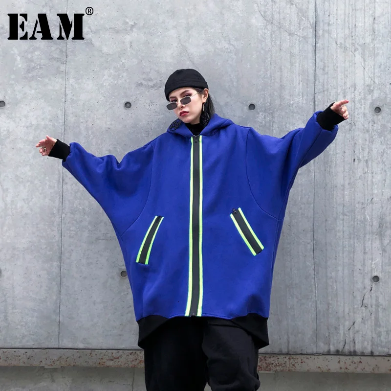 astounding  [EAM] Loose Fit Striped Split Big Size Oversized Jacket New Hooded Long Sleeve Women Coat Fashion T
