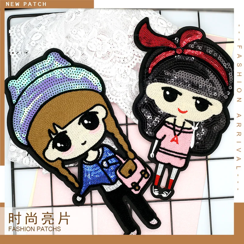 

Sequins Embroidery Girls Patches on Clothes Large Cute Down Jacket Patch Children's Cartoon Applique Ripped Clothes Patch Big