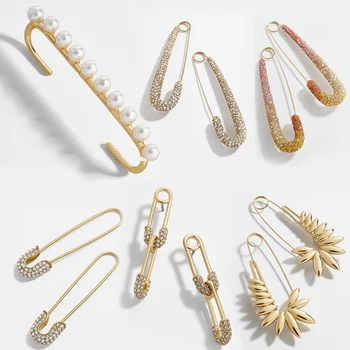 

Unique Design Imitation Pearl CZ Paperclip Safety Pin Stud Earring for Women Girls Gold Punk Body Piercing Earrings Accessories