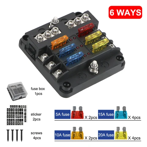 12V 32V M5 Stud With LED Indicator Light 6 Ways 12 Ways Blade Fuse Block For Auto Vehicle Car Marine Fuse Box Holder