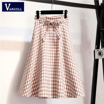 

Vangull New Mid-length Plaid skirt Spring Autumn Summer High waist A-line Zipper Bow Umbrella skirt Office lady Fresh skirt