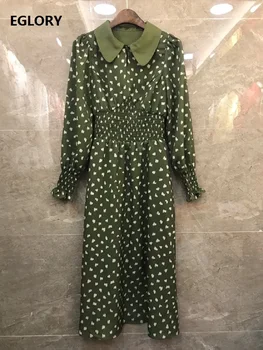 

New Korean Fashion Dress 2020 Spring Summer Ladies Peter Pan Collar Small Elegant Flower Print Long Sleeve Green Black Coffee