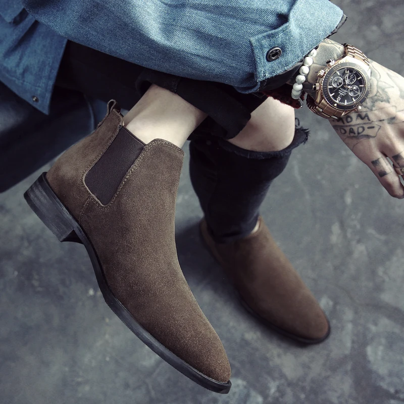 Chelsea-Botas de piel auténtica para hombre, botines sin cordones, estilo  británico, con punta puntiaguda, para invierno - AliExpress Calzado