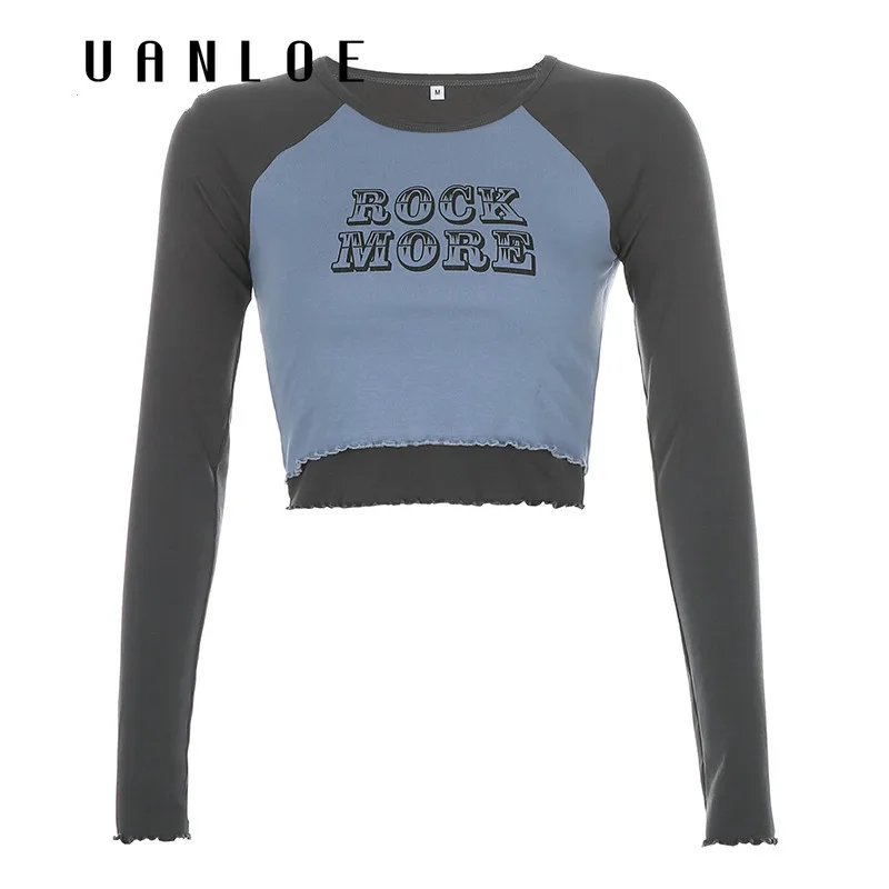 

Fake Two Piece Contrast Cropped Top Women Autumn Long Sleeve Ruffle Tshirt Streetwear Letter Printed Harajuku Tee Shirts