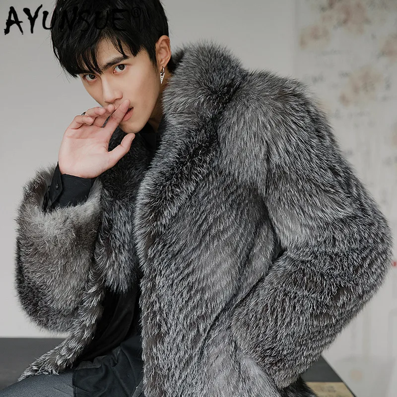 

AYUNSUE Winter Real Fur Coat Men Fox Fur Jacket Long Natural Silver Fox Coat Warm Luxury Jackets for Men Overcoat 18156 KJ3316