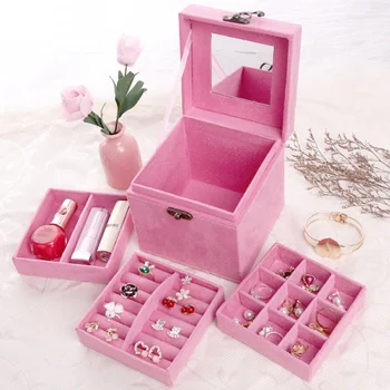 

large capacity three layers leather storage jewelry box earring ring necklace with mirror jewelry organizer home decor LF263