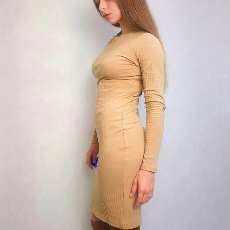 Khaki Трикотажное платье-свитер осень-зима Новое Женское обтягивающее облегающее платье-футляр с длинным рукавом женское повседневное хлопковое платье средней длины цвета хаки - Цвет: Khaki
