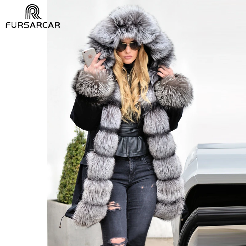 FURSARCAR 2020 Модная парка из натурального серебряного меха Женское зимнее длинное
