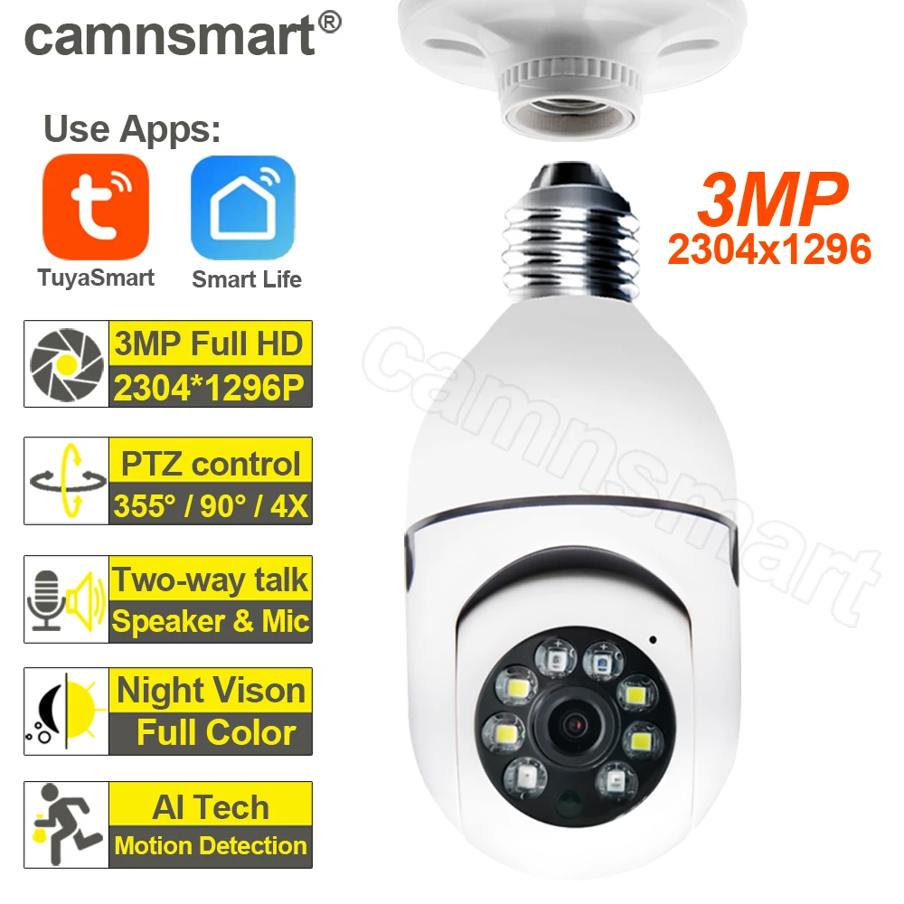3mp Tuya Wifi E27 PTZ Lamp Ip Camera Full HD Video Surveillance Baby Monitor Indoor Use Remote Control by IOS Android Phone |