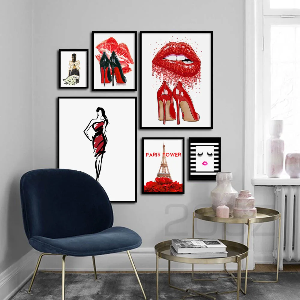 Мода Париж духи красные губы цветок стены Искусство Холст Живопись скандинавские плакаты и принты настенные картины для декора гостиной