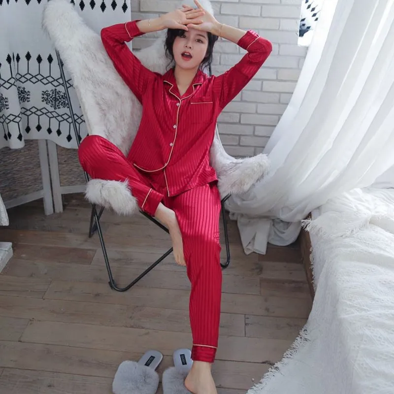 

Pajamas Women's Spring And Summer Long Sleeve Viscose Thin Spring And Autumn Home Wear Model Silk Loose And Plus-sized Two-Piece