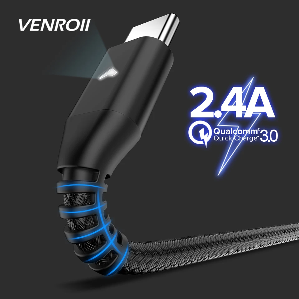 Venroii usb type C кабель для samsung S10 S9 S8 huawei P30 Pro Быстрая зарядка Телефон зарядный провод