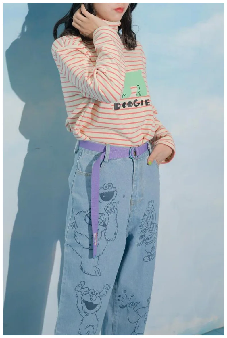 Высокое качество, женская тонкая футболка в полоску с рисунком из мультфильма, с длинным рукавом, модная водолазка, теплый топ для девочек-подростков, Осенние Пуловеры
