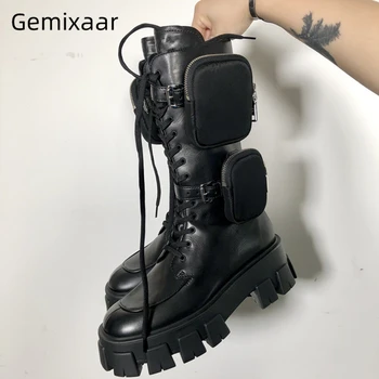 

High Increasing Martin Boots Round Toe Cross-tied Side Zip Pocket Belt Decor Motorcycle Boots Winter Botas Mujer