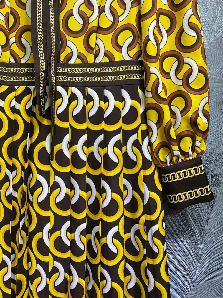 SEQINYY Yellow Midi Dress 2020 Early Autumn Spring New Fashion Design Women Long Sleeve Vintage Print Shirt Dress Casual