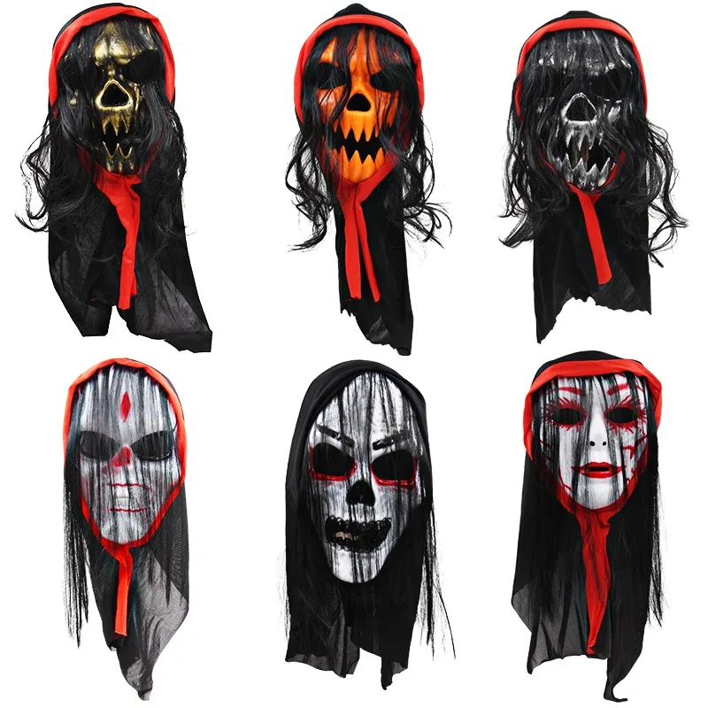 

Creepy Mask With Scarf And Hair PVC Front Face Mask Halloween Masquerade Party Decor Props H