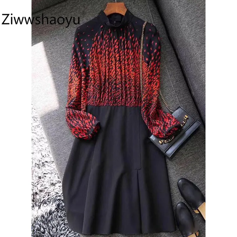 

Ziwwshaoyu Elegant Summer Silk Flower Print Patchwork Black Split Office Lady Long Sleeve Dresses Women's High Quality Clothing