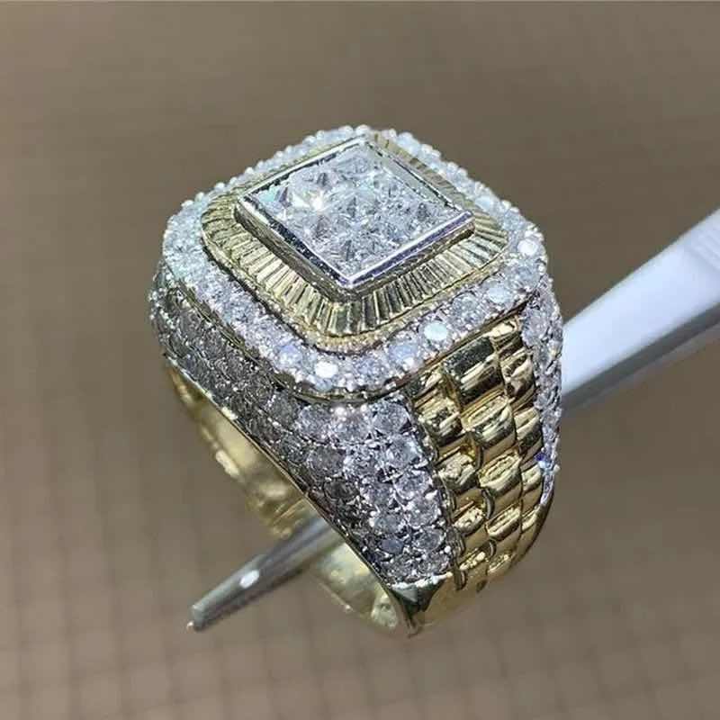 Men's Gold Color Natural Birthstone Crystal Ring Anniversary Banquet Ring Wedding Band Jewelry