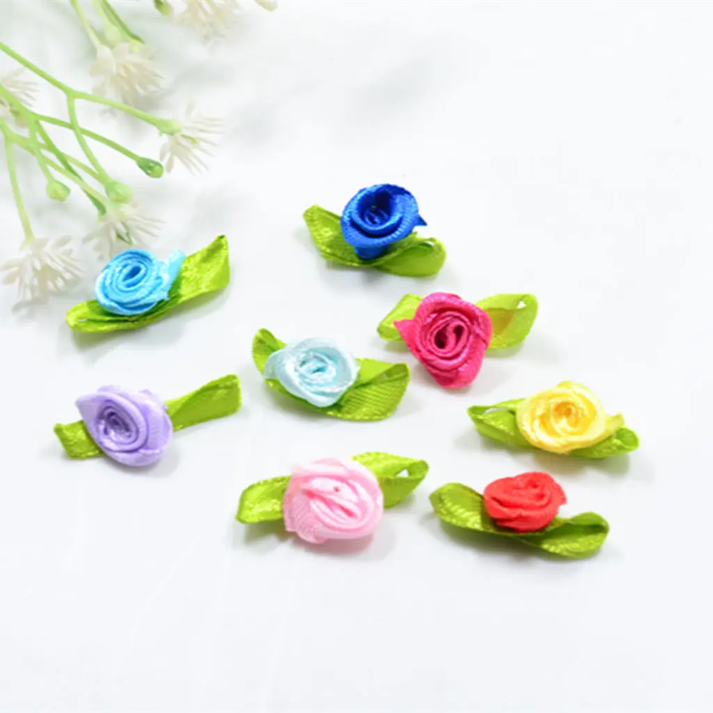 100 Pieces 15mm/0.59'' Flower Satin Ribbon Rose Buds Leaf Wedding Home Decor DIY Hairband Bow Sewing Crafts