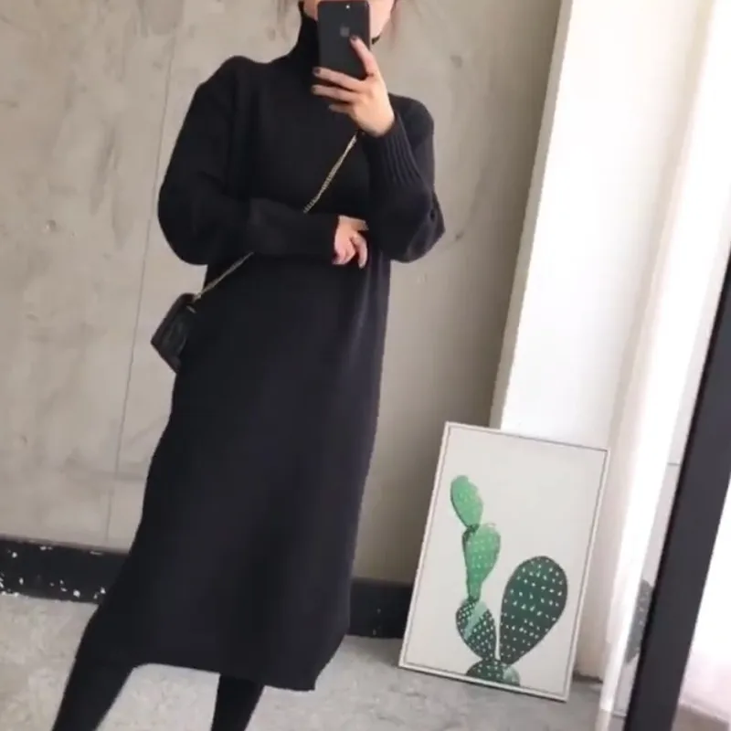 CBAFU korea loose sweater dresses women turtleneck dress long sleeve pullover knitted dress autumn winter knit clothing P542