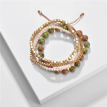 

Fashion Jewelry 4 Layers Stacked Beaded Bracelets Set Stackable Natural Stone Chain Link Bracelet