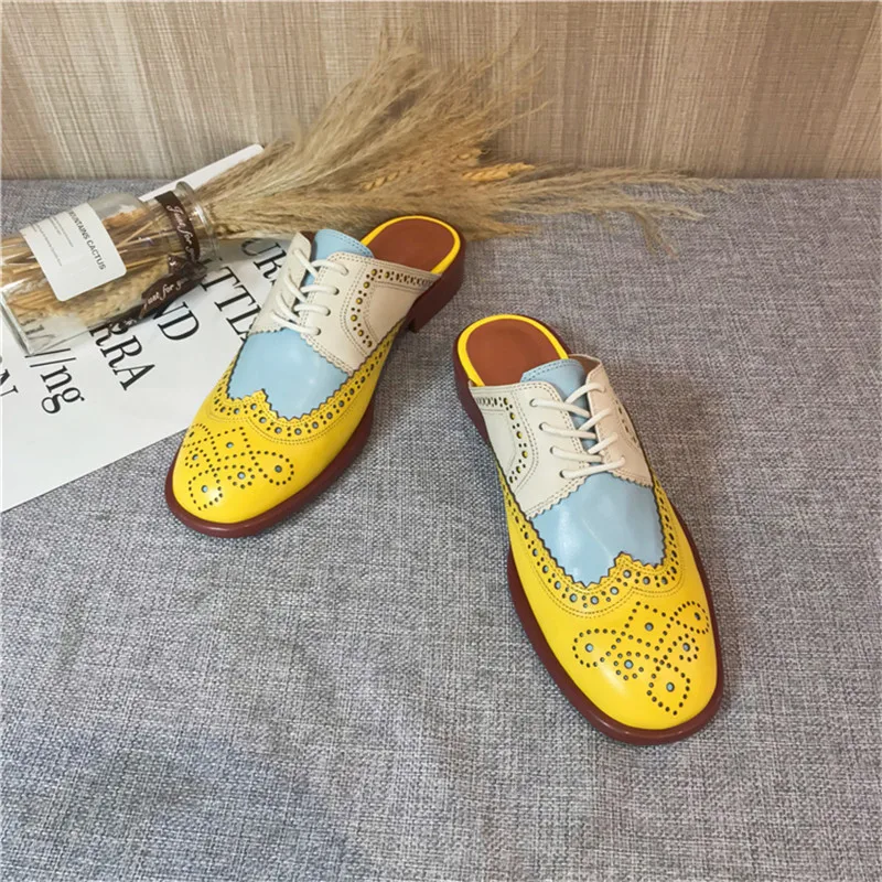 2020 Summer Slides Women's Shoes Carved Round Toe Flats Heel Brogues Mules Shallow Mouth Color Block Oxford Shoes Slippers Women (8)