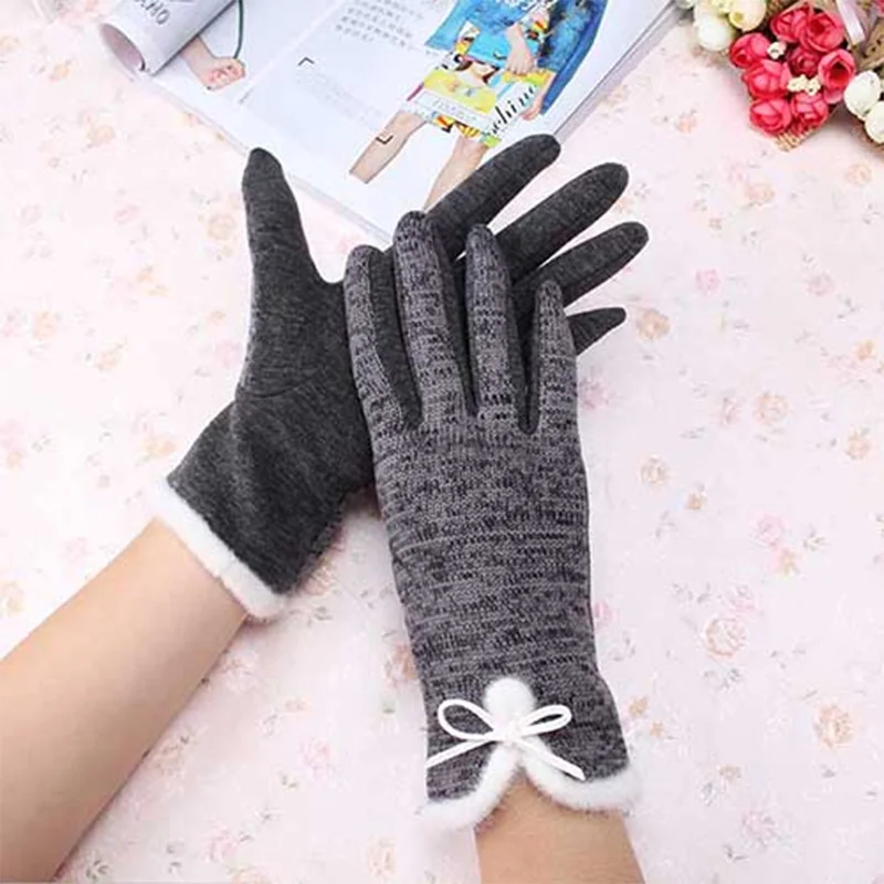 Бренд, высокое качество, женские зимние хлопковые шерстяные перчатки, элегантные теплые плюшевые перчатки для экрана с бантом, рукавицы из кашемира, перчатки M153 - Цвет: Gray