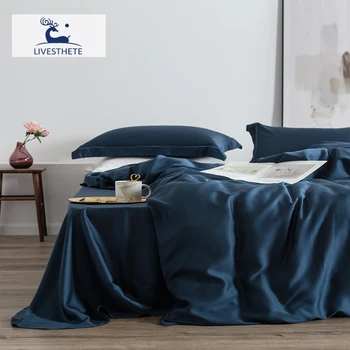 Liv-Esthete Set biancheria da letto di lusso 100% seta blu Set copripiumino set bellezza setosa Queen King lenzuolo piatto federa set biancheria da letto 1