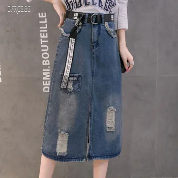 

High Quality New Summer Tassel Pockets Denim Skirt For Women High Waist Hole Front Split Mid Jeans Skirt With Belt Korean Style