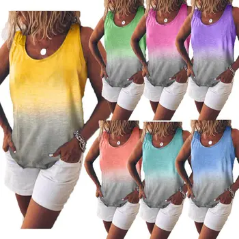 

2019 Summer New Arrival Woman Vest O-neck Gradient Colour Print Color Vest Loose Casual Woman Vest Tops Plus Size S-5xl
