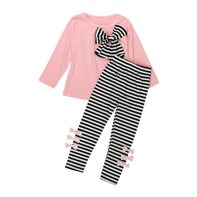 

Baby Girls Clothing Sets Spring Autumn Children Long Sleeve Bowknot Dress T-Shirt+Stripe Pants Set Kids Cotton Outfit Suit