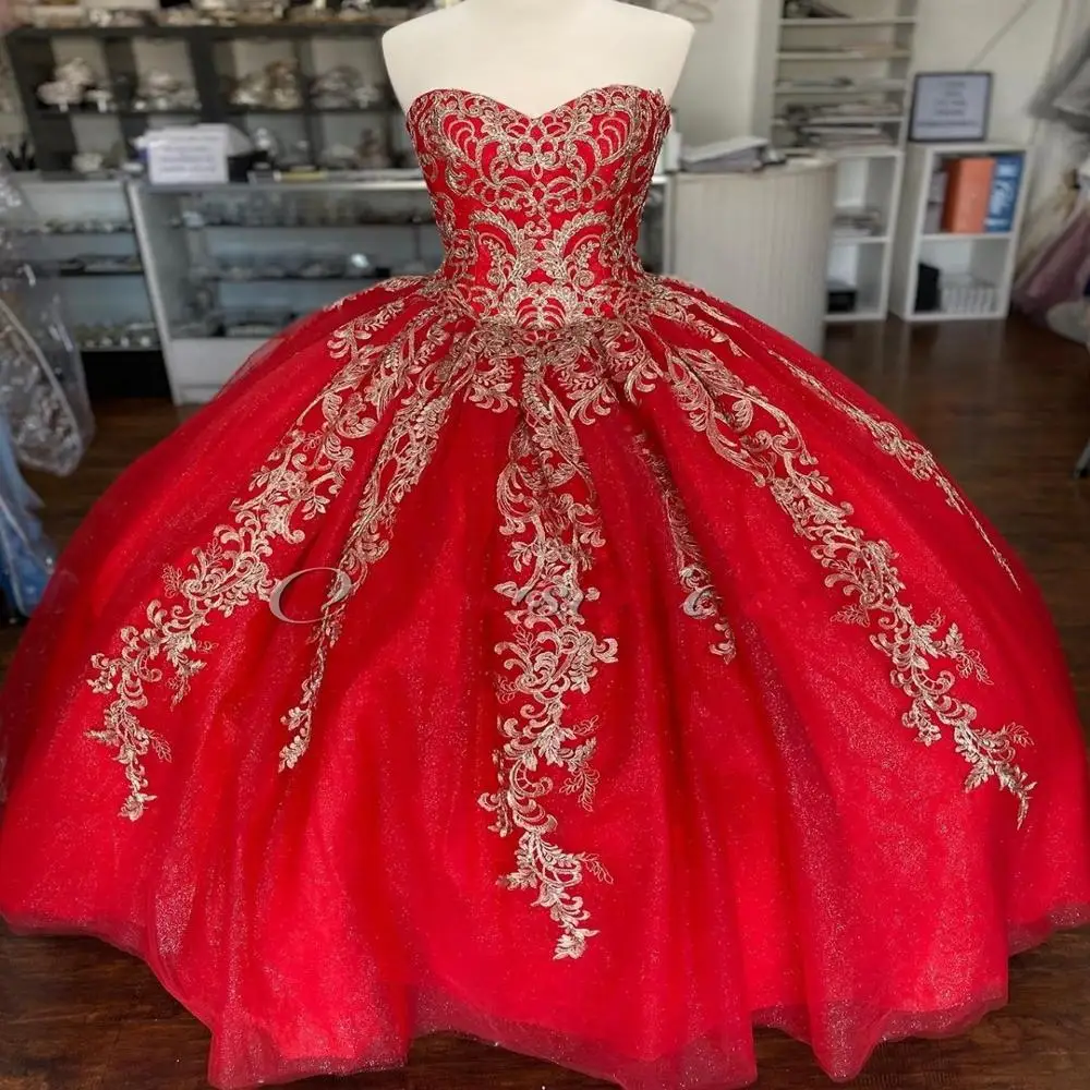 Gold/red Vestidos De 15 Años 2020 Ballgown Puffy Lace Sequin ...