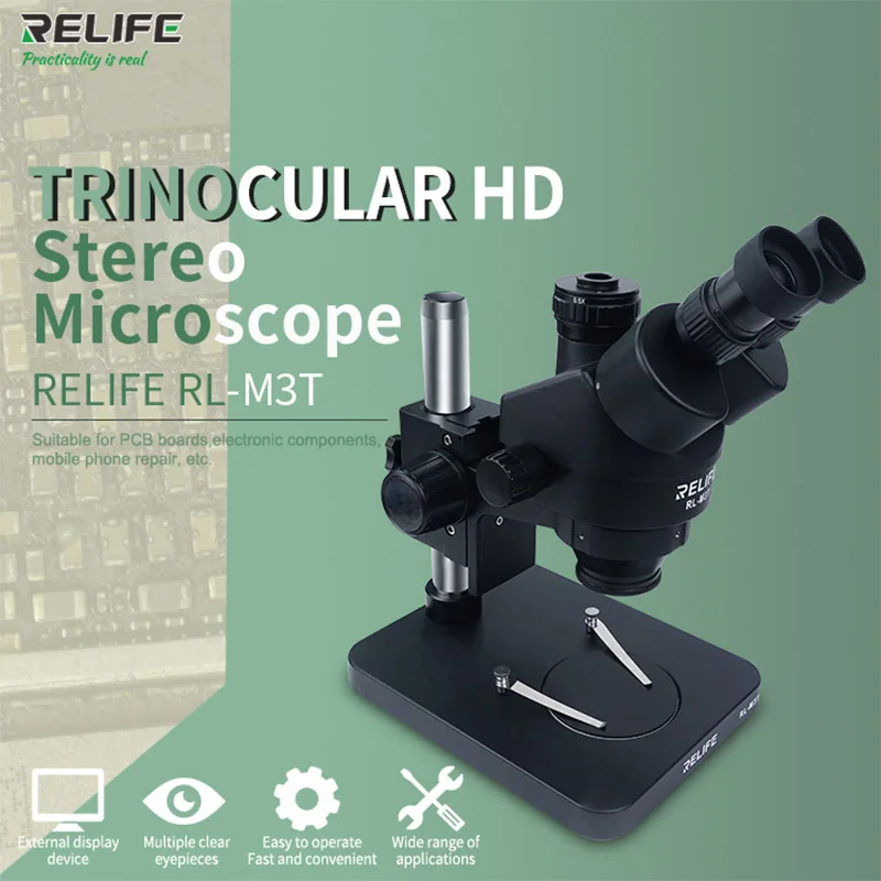 RELIFE Тринокулярный Стерео микроскоп 0,7-4.5X непрерывный зум микроскоп с камерой для телефона PCB электронное Ремонтное устройство RL-M3