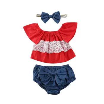

Sweet Kids Girls Princess Clothes Set Newborn Infant Baby Girl Summer Short Sleeve Off-Shoulder Lace Tops+Bowknot Ruffle Shorts