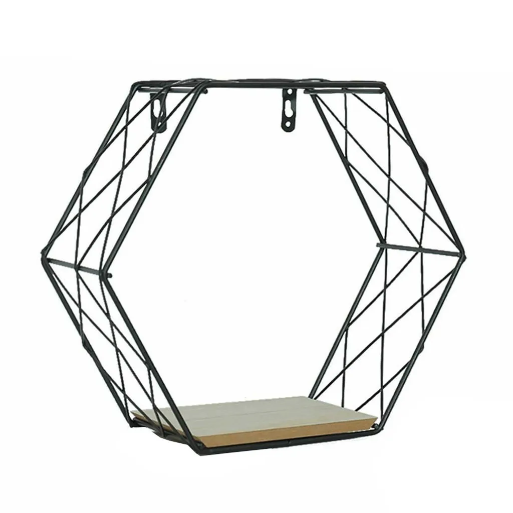 

Iron Wooden Hexagonal Grid Suction Wall Shelf Combination Hanging Geometric Figure Decoration Living Room Sundries Holder Rack