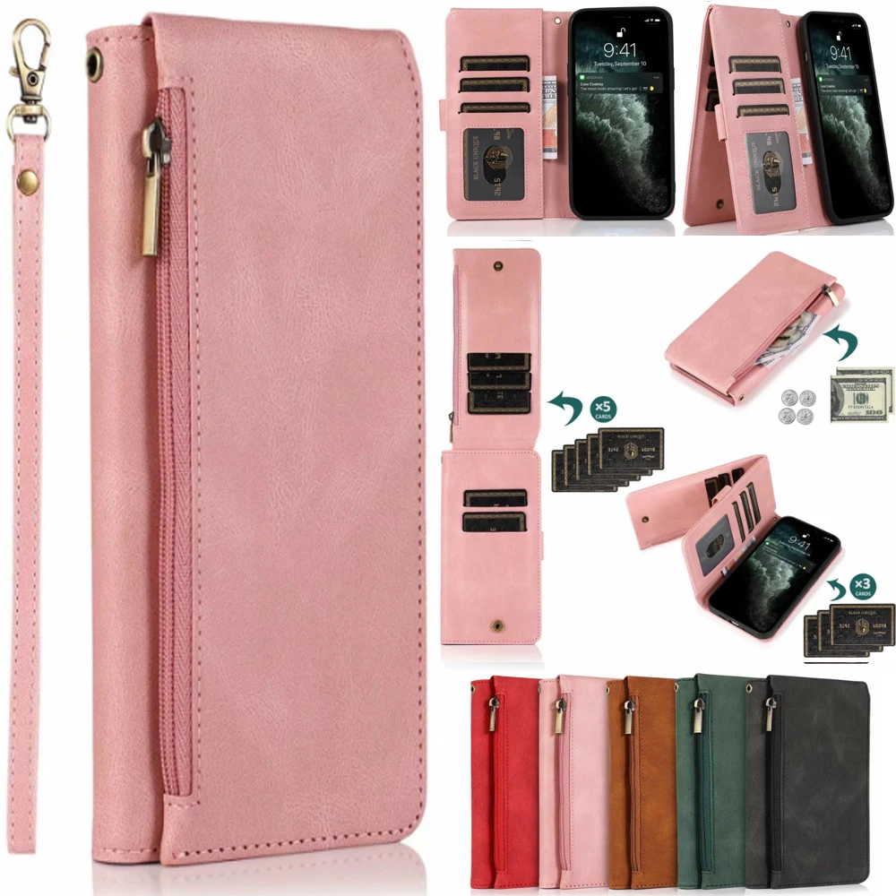 Ultra Thin Zipper Wallet with 8 Card Slots & Magnetic Flip Leather Case
