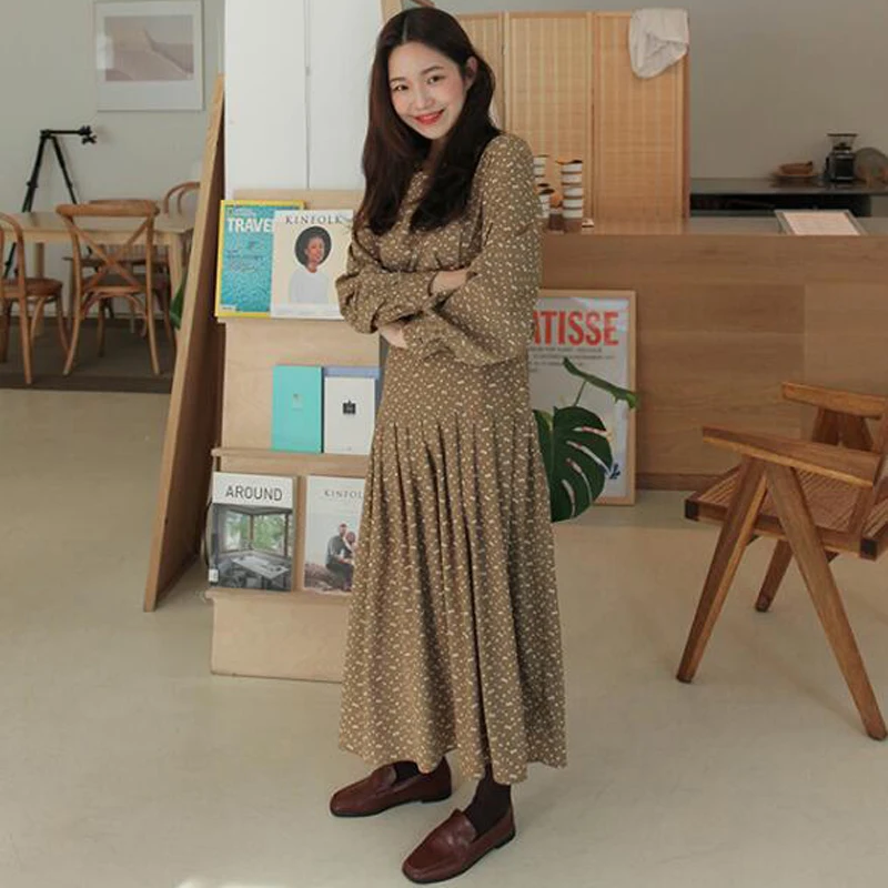 BGTEEVER Vintage Floral Print O-neck Long Women Dress Full Sleeve Slim Waist Female Pleated Dress Elegant Party Vestidos Femme