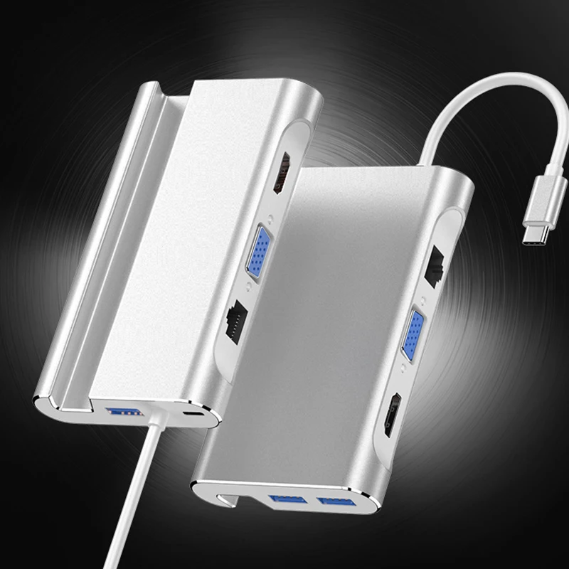 

USB Type-c Docking Station 7 In 1 With Mobile Phone Bracket HUB Multifunction Fast Charging Portable USB HuB HDMI VGA Interfaces