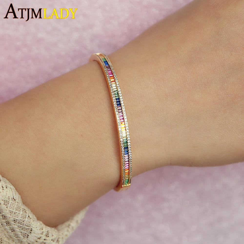 Gold Color Rainbow Cz Cuff Bangle 58mm for Women Colorful Fashion Cubic Zirconia Paved Trendy European Lady Engagement Jewelry