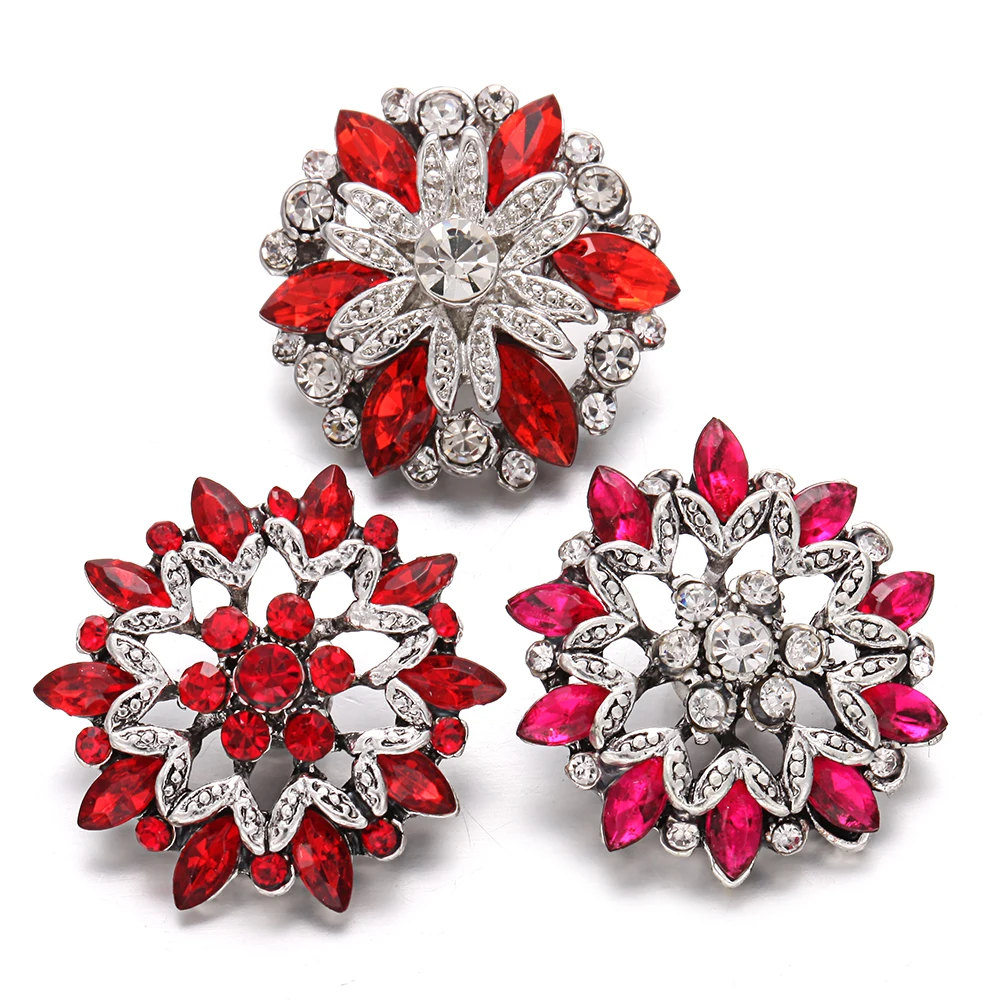 6pcs/lot Snap Button Jewelry Samples Red Rhinestone Flower Snap Buttons ...