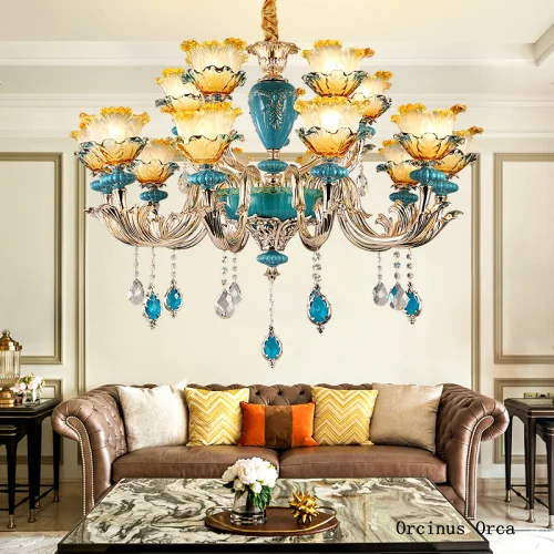 

French Luxury Blue Ceramic Chandelier Living Room Dining Room Bedroom European Creative Romantic Colored Crystal LED Chandelier