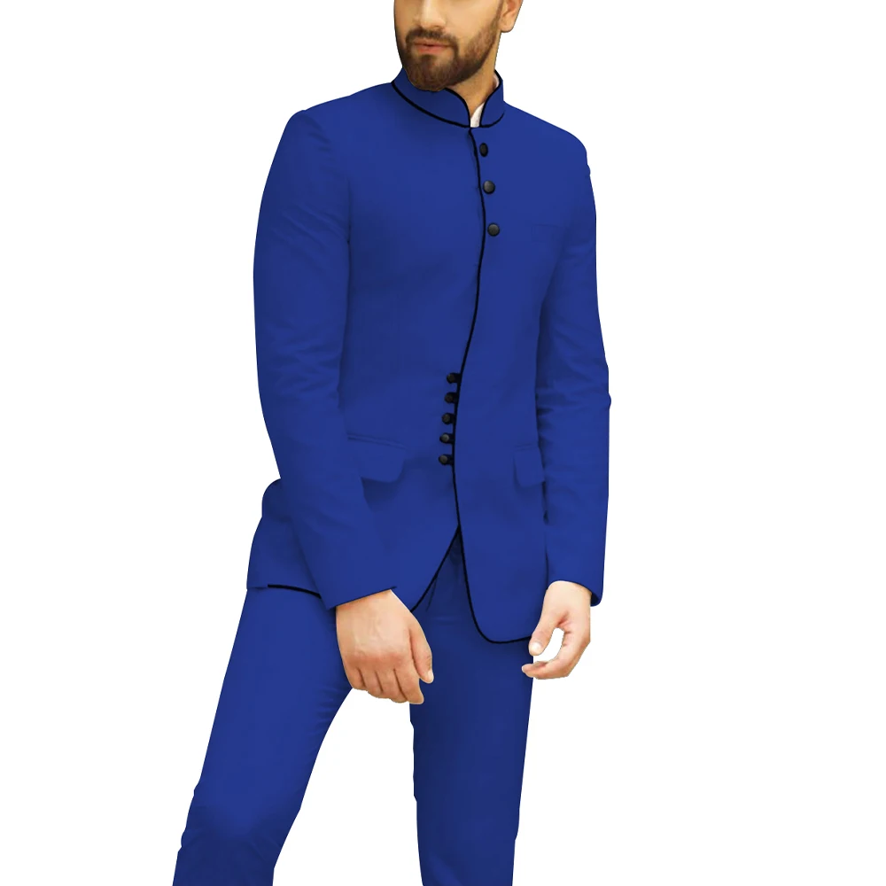 Вечерние мужские костюмы с воротником «Мандарин», комплект из 2 предметов, свадебный банкет, платье для жениха, деловой умный Повседневный скромный мужской костюм s(Блейзер+ брюки - Цвет: royal blue