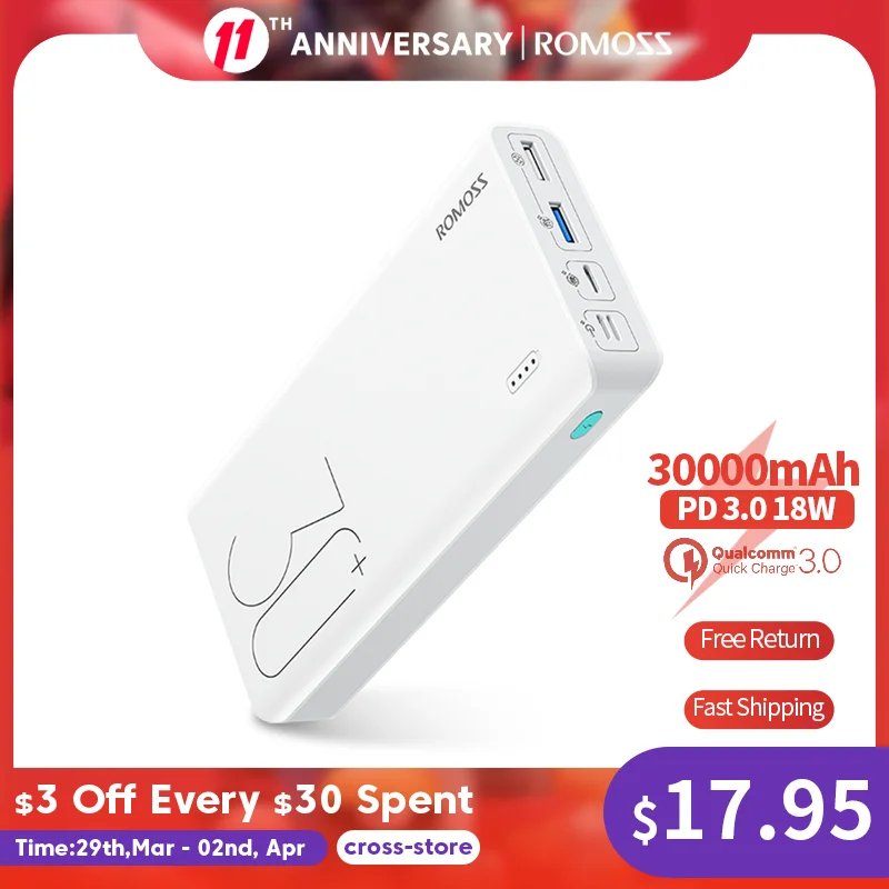 ROMOSS Sense 8+ Power Bank 30000mAh QC PD 3.0 Fast Charging Powerbank 30000 mAh External Battery Charger For iPhone Xiaomi Mi