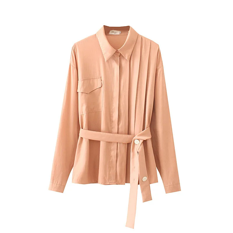 

2020 Autumn Women Shirt Plus Size Solid Color Full Sleeve Fold With Sashes Women's Clothing Shirts Blouse Oversize