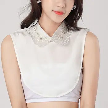 

Women Ladies Embroidery Imitation Pearl Beaded Lapel False Fake Collar Layered Lace Jewelry Detachable Half-Shirt Blouse