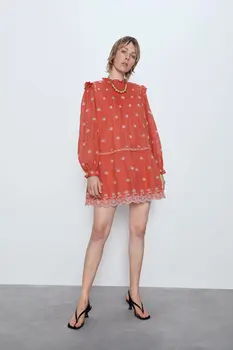 

2020 new Spring Summer European orange Hollow Embroided zaraing women Dress vadiming sheining female dress CDC9611